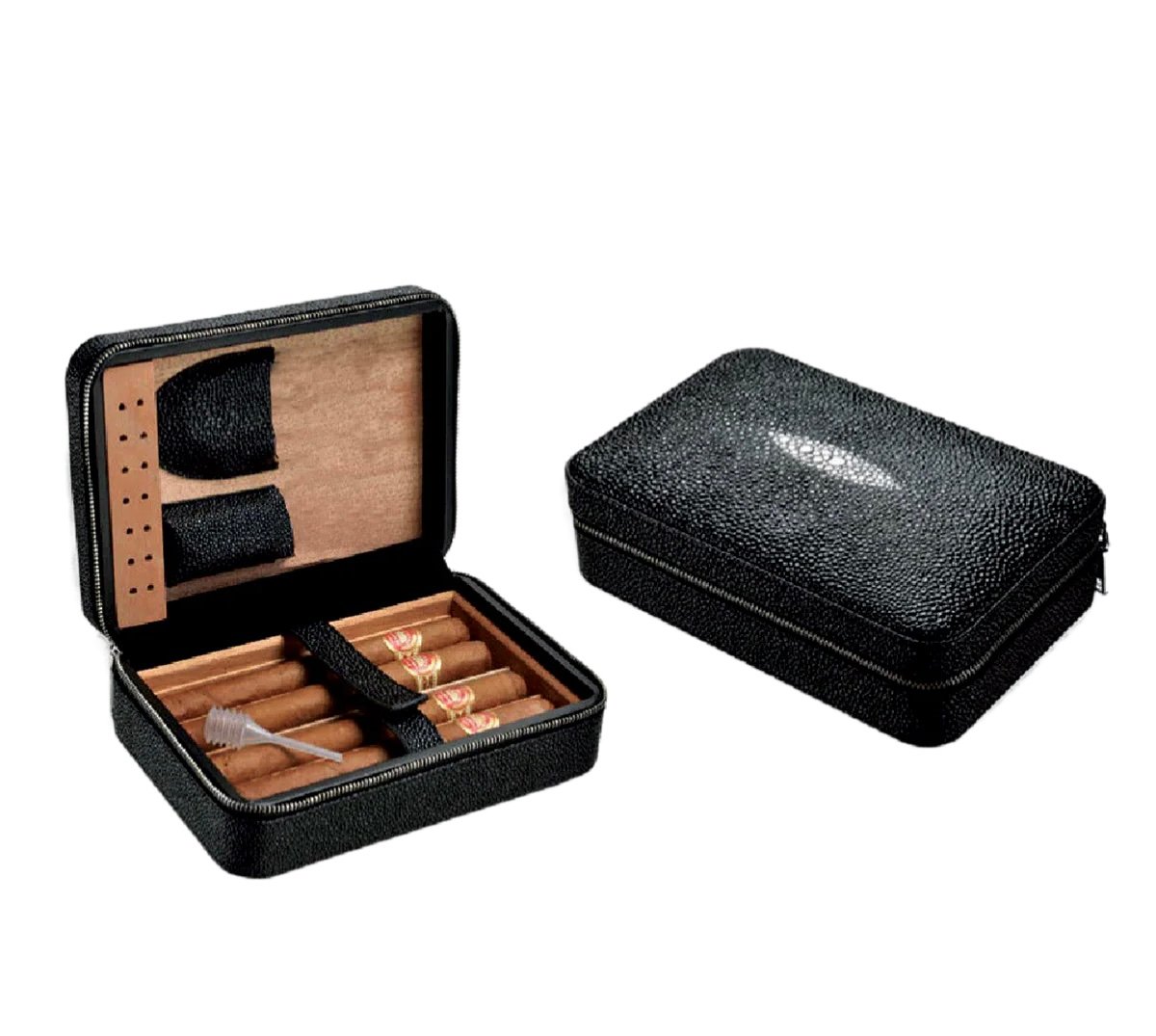 Shiny Black 4 Stick Travel Humidor Set With Cutter And Lighter 1 Shiny Black 4 Stick Travel Humidor Set With Cutter And Lighter
