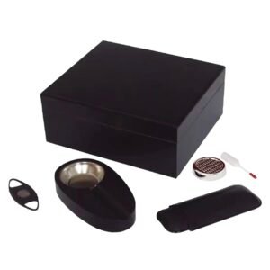 50 Stick Black Humidor Gift Set With Leather Case Ashtray & Cutter